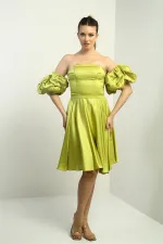 Kadın Straplez Karpuz Takma Kollu Astarlı Kısa Kloş Krep Saten Elbise