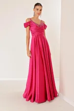 İp Askılı Düşük Kollu Taş Detaylı Önü Drapeli Astarlı Uzun Saten Abiye Elbise