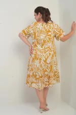 Kadın V Yaka Karışık Yaprak Desenli Cepli Eteği Fırfırlı Büyük Beden Elbise