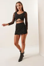 Önü Çift Yırtmaçlı Çelik İnterlok Likra Şort Etek