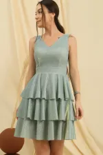 Ön Arka V Yaka Simli Katlı Elbise