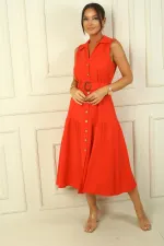 Buttoned Front Belted Long Dress
