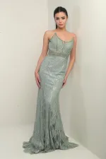 Kadın Boncuk-Taş Detaylı Astarlı Balenli Üstü Transparan Uzun Elbise