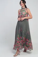 Robe longue plissée en mousseline doublée à motif floral pour femme