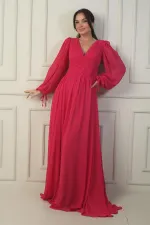 Önden Bağcıklı Balenli Astarlı Uzun Şifon Elbise