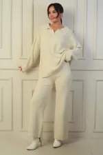 Pull à col polo, pantalon palazzo à taille élastiquée, ensemble 2 pièces en maille