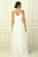 Kadın İp Askılı Yanları Yırtmaçlı Astarlı Volanlı Şifon Uzun Elbise