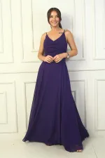 Kadın İp Askılı Drapeli Astarlı Şifon Uzun Elbise