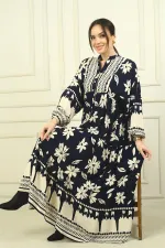 Kadın Önü Yarım Düğmeli Çiçek Desenli Fırfırlı Oversize Uzun Elbise