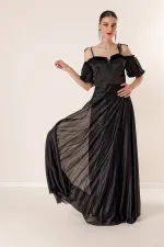 Long Dress with Pleated Neckline, Balloon Sleeves, Lined, and Glittery Embellishments.