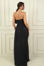 Robe longue bustier drapée sur le devant, doublée et ornée de perles pour femme