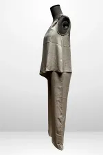 Kadın  Toka Detaylı Eteği Asimetrik Bluz Beli Lastikli Cepli Palazzo Pantolon Keten 2'li Takım