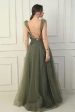 Kadın Ön Arka V Yaka Astarlı Düşük Kollu Üstü Aplike İşleme Prenses Abiye Elbise