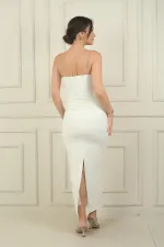 Kadın Parlak İp Askılı Yakası Saten Krep Elbise