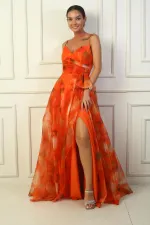 Kadın İp Askılı Arkası Bağcıklı Önü Drapeli Çiçekli Organze Uzun Elbise