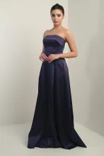 Women's Strapless Lined Long Satin Evening Dress with Pockets