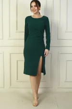 Women's Crepe Midi Dress with Side Pleat Detail