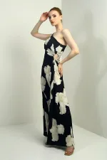 Kadın Tek Omuz Yandan Pencereli Büyük Yaprak Desenli Uzun Krep Saten Elbise