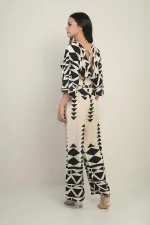 Women's Front Back V Neck Crop Blouse Elastic Waist Palazzo Pants with Pockets Triangle Pattern 2-Piece Set