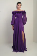 Women's Floral Madonna Neckline Belted Lined Chiffon Long Dress