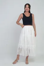 Kadın Beli Lastikli Astarlı Çiçekli Tül Etek