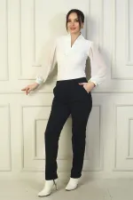 Kadın Beli Lastikli Yandan Cepli Çımalı Full Likra Çelik Klasik Paça Pantolon