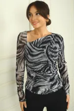 Women's Asymmetrical Neckline, Gathered Waist, Snake Pattern Tulle Blouse