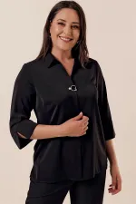 Polo Collar Quarter Sleeve Plus Size Blouse