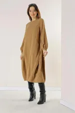 Buttoned Sleeve, Pocketed, Ruffled Lyocell Dress
