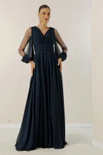 Front and back V-neck, draped front, tulle sleeves, lined, wide-length chiffon dress.