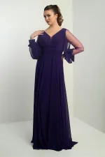 Ön Arka V Yaka Önü Drapeli Kolları Tül Astarlı Geniş Beden Aralıklı Uzun Şifon Elbise