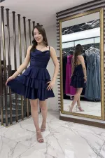 Kadın İp Askılı Arkadan Bağcıklı Eteği Kat Kat Saten Kısa Elbise