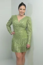 Kadın Ön Arka V Yaka Astarlı Drapeli Uzun Kollu Büyük Beden Pulpayet Elbise