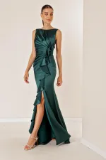 Kadın Önü Drapeli Volanlı Astarlı Uzun Saten Elbise