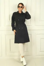 Kadın Beli Ve Kolları Kemerli Önü Düğmeli Cepli Pardesü