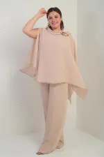 Cape en satin à col et doublure à sequins pour femme, chemisier sans manches, pantalon palazzo, ensemble 3 pièces en mousseline doublée grande taille