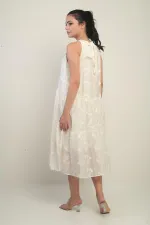 Women's Halter Neck Lace-Up Lined Embroidered Midi Dress