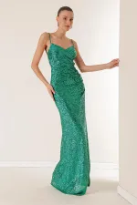 İp Askılı Önü Drapeli Arkası Bağcıklı Astarlı Uzun Pulpayet Elbise