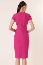 Wrap-neck, half-moon sleeve dress with stone details and front slit.
