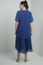 Robe midi en mousseline doublée à manches courtes à volants pour femme, grande taille, ornée de pierres