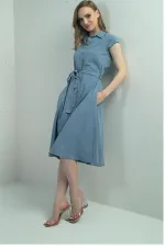 Women's Button-Front Belted Shirt Collar Short-Sleeve Dress