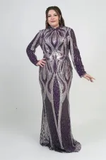 Women's High Neck Sequin Embellished Lined Plus Size Long Dress