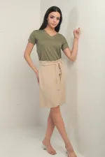 Kadın Beli Kuşaklı Kruvaze Lyocell Kısa Etek