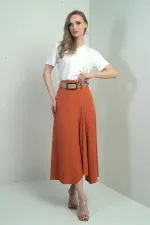 Kadın Beli Kemerli Arkası Fermuarlı Önü Yırtmaçlı Uzun Salaş Etek