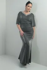 Robe longue pailletée grande taille pour femme, décolleté en V, doublure, manches chauve-souris, devant et dos délavés