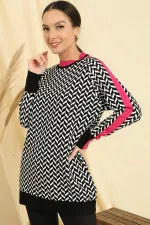 Zigzag Pattern Collar and Sleeve Cuff Striped Relaxed Fit Knitted Tunic