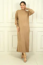 Round Neck, Zip-Up Long Sleeve Knitted Dress