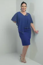 Women's Front and Back V-Neck Chiffon Plus Size Crepe Short Dress with Stone Details and Rose Embellishments