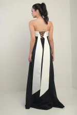 Robe longue évasée sans bretelles en taffetas pour femme avec double épissure de pierre