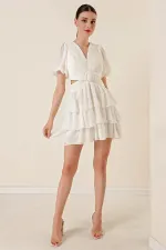 Bel Dekolteli Arkası Çapraz İpli Kat Kat Şifon Elbise